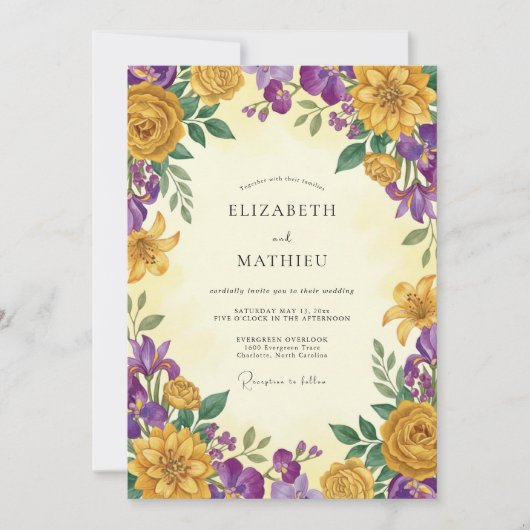 Invitation Mariage Fleur Sauvage Moutarde Violette (Devant)