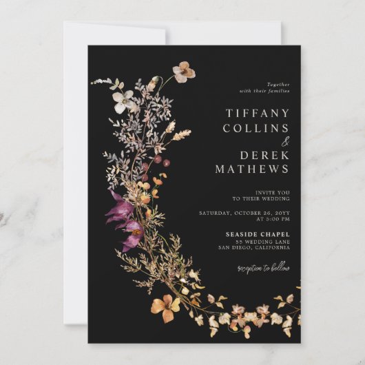 Invitation Mariage Fleur sauvage noir Boho (Devant)
