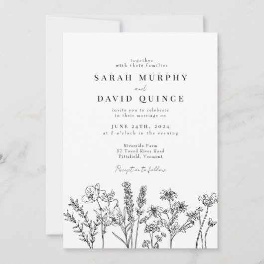 Invitation Mariage fleur sauvage noir et blanc élégant (Devant)