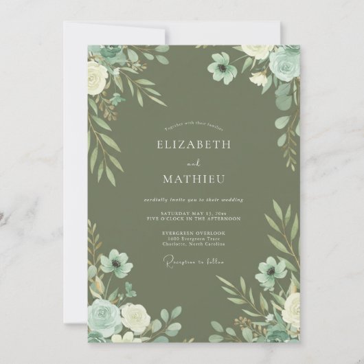 Invitation Mariage Fleur Sauvage Olive Menthe (Devant)