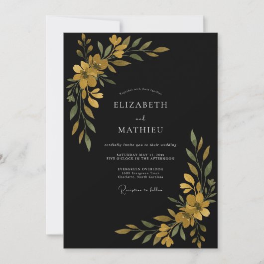 Invitation Mariage Fleur Sauvage Or Noir (Devant)