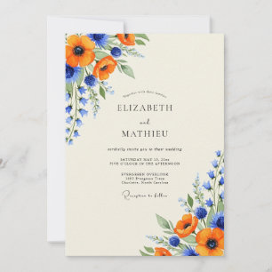 Invitation Mariage Fleur Sauvage Orange Bleu Royal Lumineux
