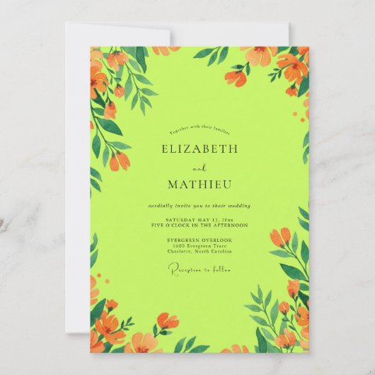 Invitation Mariage Fleur Sauvage Orange Chartreuse (Devant)