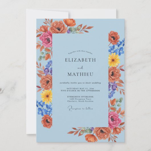 Invitation Mariage Fleur Sauvage Orange Ciel (Devant)