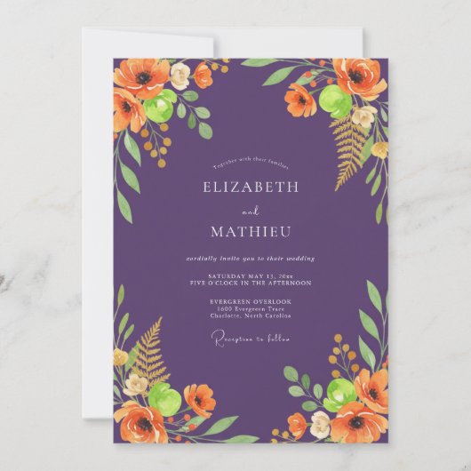 Invitation Mariage Fleur Sauvage Orange Violet (Devant)