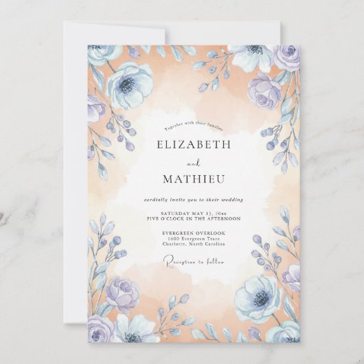 Invitation Mariage Fleur Sauvage Pêche et Pervenche (Devant)