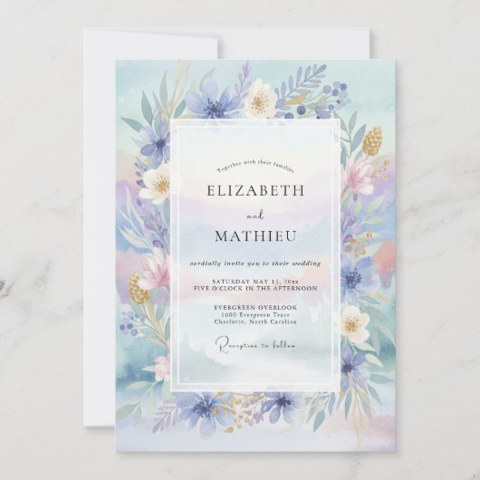 Invitation Mariage Fleur Sauvage Pêche Pervenche (Devant)