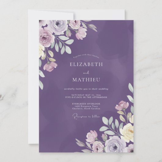 Invitation Mariage Fleur Sauvage Peinte d'Améthyste (Devant)