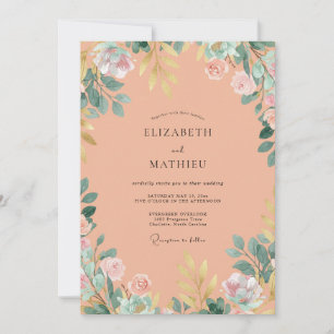 Invitation Mariage Fleur Sauvage Peinte Pêche Poussiéreuse