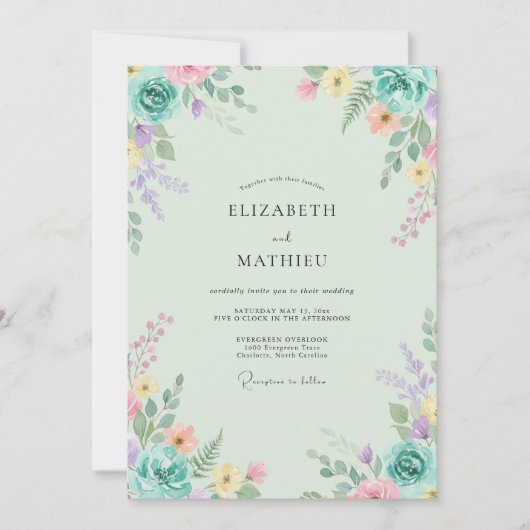 Invitation Mariage Fleur Sauvage Periwinkle Menthe (Devant)