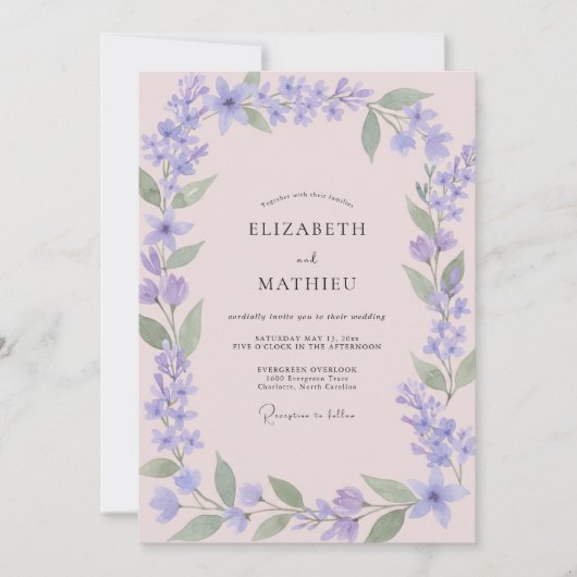 Invitation Mariage Fleur Sauvage Pervenche Rose Pâle (Devant)