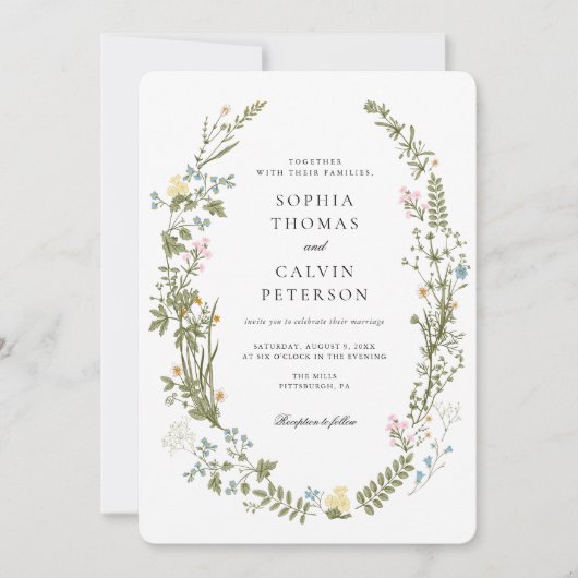 Invitation Mariage Fleur sauvage rose et bleu (Devant)