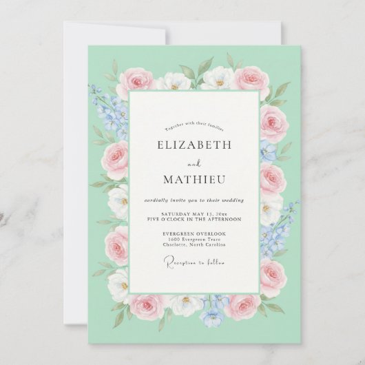 Invitation Mariage Fleur Sauvage Rose Menthe (Devant)