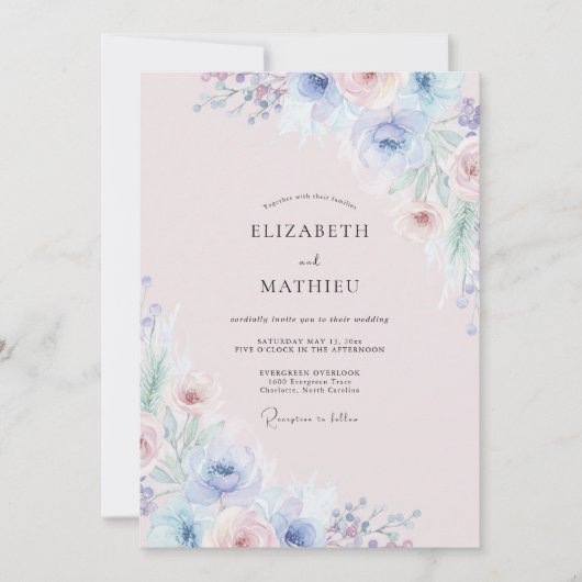 Invitation Mariage Fleur Sauvage Rose Pervenche (Devant)