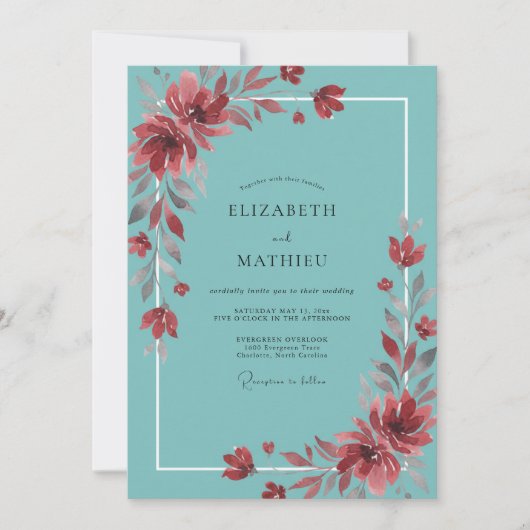 Invitation Mariage Fleur Sauvage Rouille Turquoise (Devant)