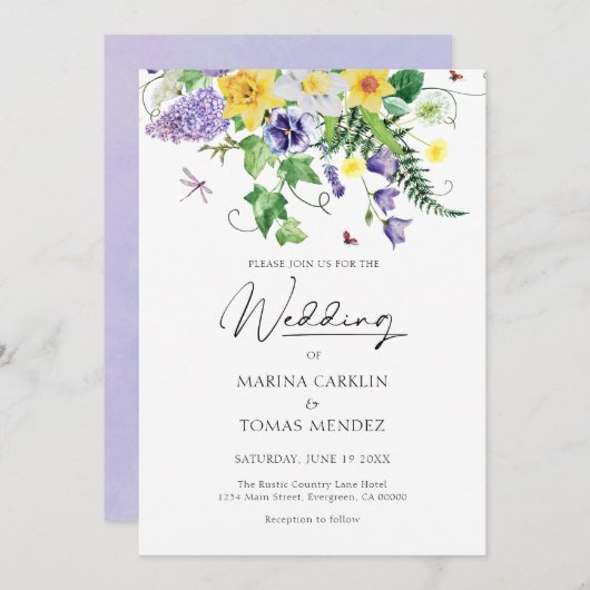 Invitation Mariage Fleur sauvage Rustique aquarelle (Devant / Derrière)