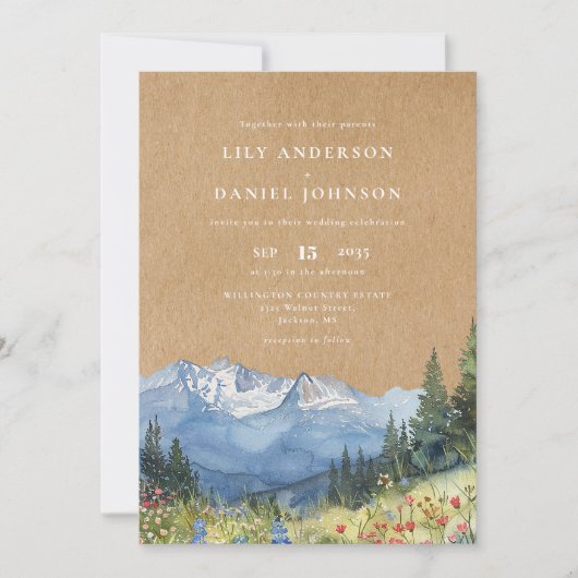 Invitation Mariage Fleur sauvage Rustique Watercolor Mountain (Devant)