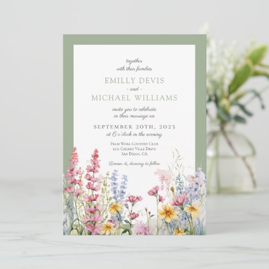 Invitation Mariage Fleur sauvage Sage Green (Debout devant)