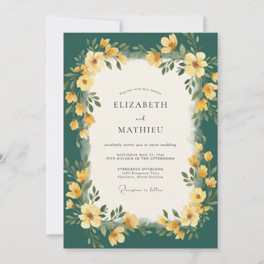 Invitation Mariage Fleur Sauvage Sarcelle Or (Devant)