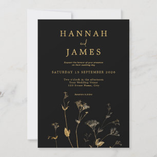 Invitation Mariage Fleur sauvage  simple Black et Gold Chic