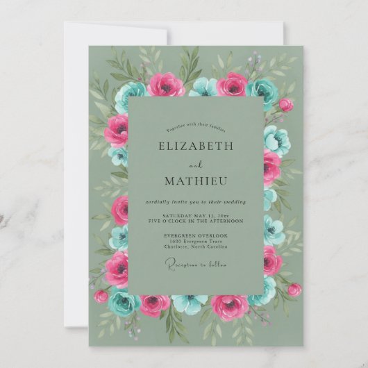 Invitation Mariage Fleur Sauvage Turquoise Fuchsia (Devant)