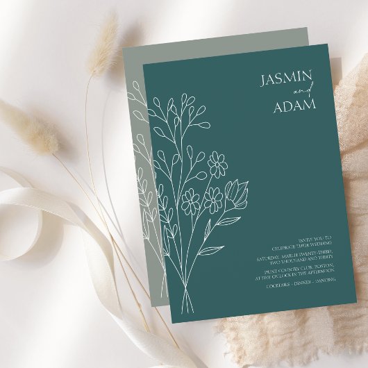 Invitation Mariage Fleur sauvage vert émeraude minimal