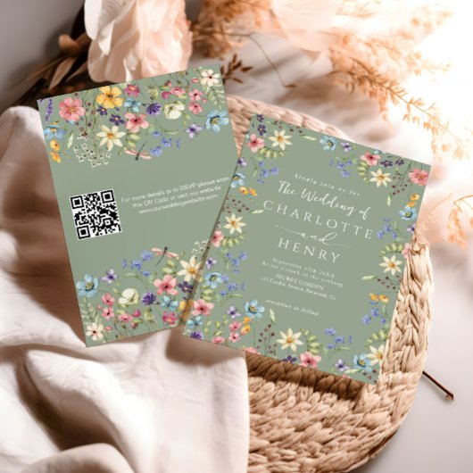 Invitation Mariage Fleur sauvage vert Sage Code QR moderne