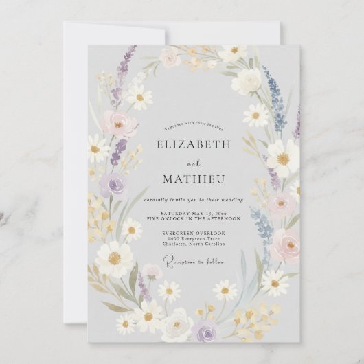 Invitation Mariage Fleur Sauvage Violette Argentée (Devant)