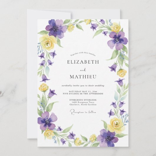 Invitation Mariage Fleur Sauvage Violette Jaune (Devant)