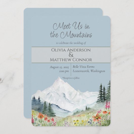 Invitation Mariage Fleur sauvage Watercolor Mountain (Devant / Derrière)