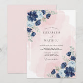 Invitation Mariage Fleur Sérénité Bleu Marine (Devant / Derrière)