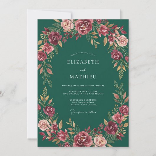 Invitation Mariage Fleur Solennelle de Vert Forêt (Devant)