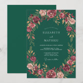 Invitation Mariage Fleur Solennelle de Vert Forêt (Devant / Derrière)