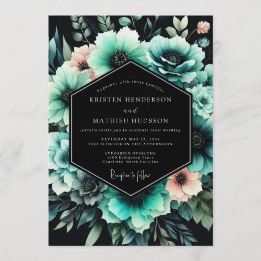 Invitation Mariage Fleur Teal Abyssal (Devant)