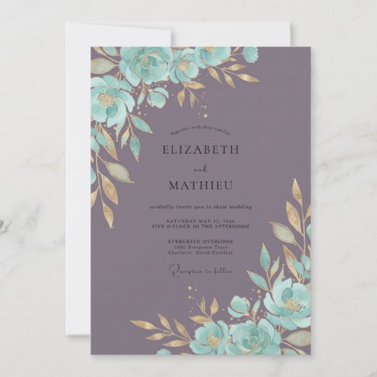Invitation Mariage Fleur Teal Mauve (Devant)