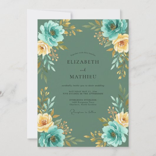 Invitation Mariage Fleur Teal Or (Devant)