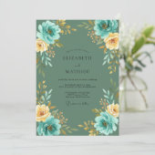 Invitation Mariage Fleur Teal Or (Debout devant)