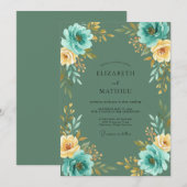 Invitation Mariage Fleur Teal Or (Devant / Derrière)