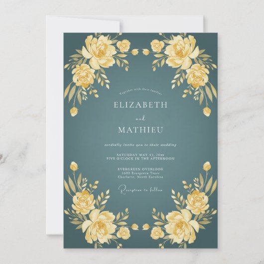 Invitation Mariage Fleur Teintée de Sarcelle (Devant)