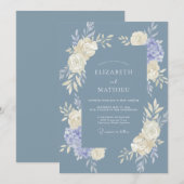 Invitation Mariage Fleur Tranquille Bleu Poussiéreux (Devant / Derrière)