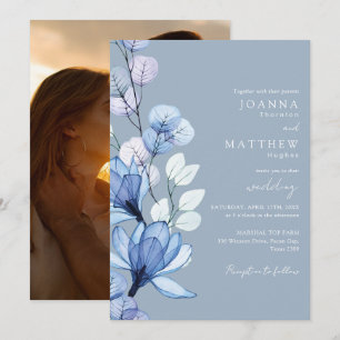 Invitation Mariage Fleur Transparent Photo Bleu Poussiéreux