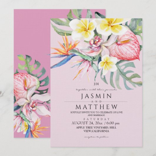 Invitation Mariage Fleur Tropicale Botanique Rose Chaud (Devant / Derrière)