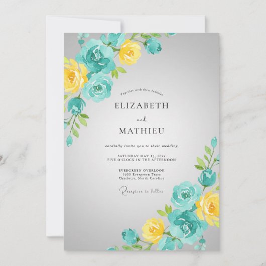 Invitation Mariage Fleur Turquoise Jaune Vintage (Devant)