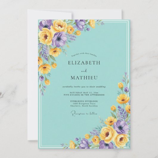 Invitation Mariage Fleur Turquoise Violet (Devant)