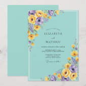 Invitation Mariage Fleur Turquoise Violet (Devant / Derrière)