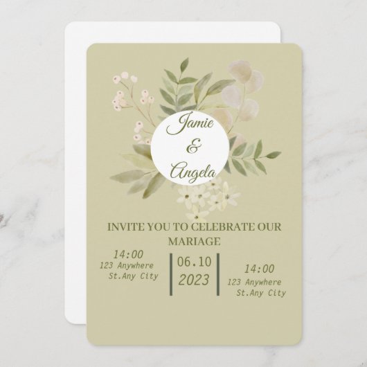 Invitation mariage fleur vert (Devant / Derrière)