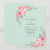 Invitation Mariage Fleur Verte Menthe Peinte (Devant / Derrière)