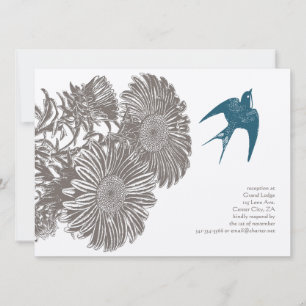 Invitation Mariage Fleur Vintage et Oiseau Bleu Canard Bois F