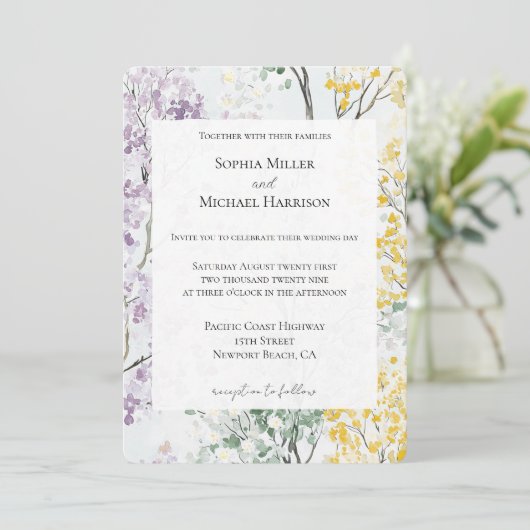 Invitation Mariage Fleur Violet Lavande Vert Jaune (Debout devant)