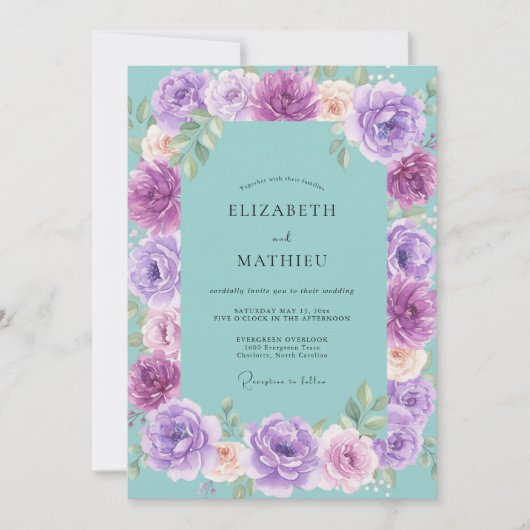 Invitation Mariage Fleur Violette Aqua (Devant)